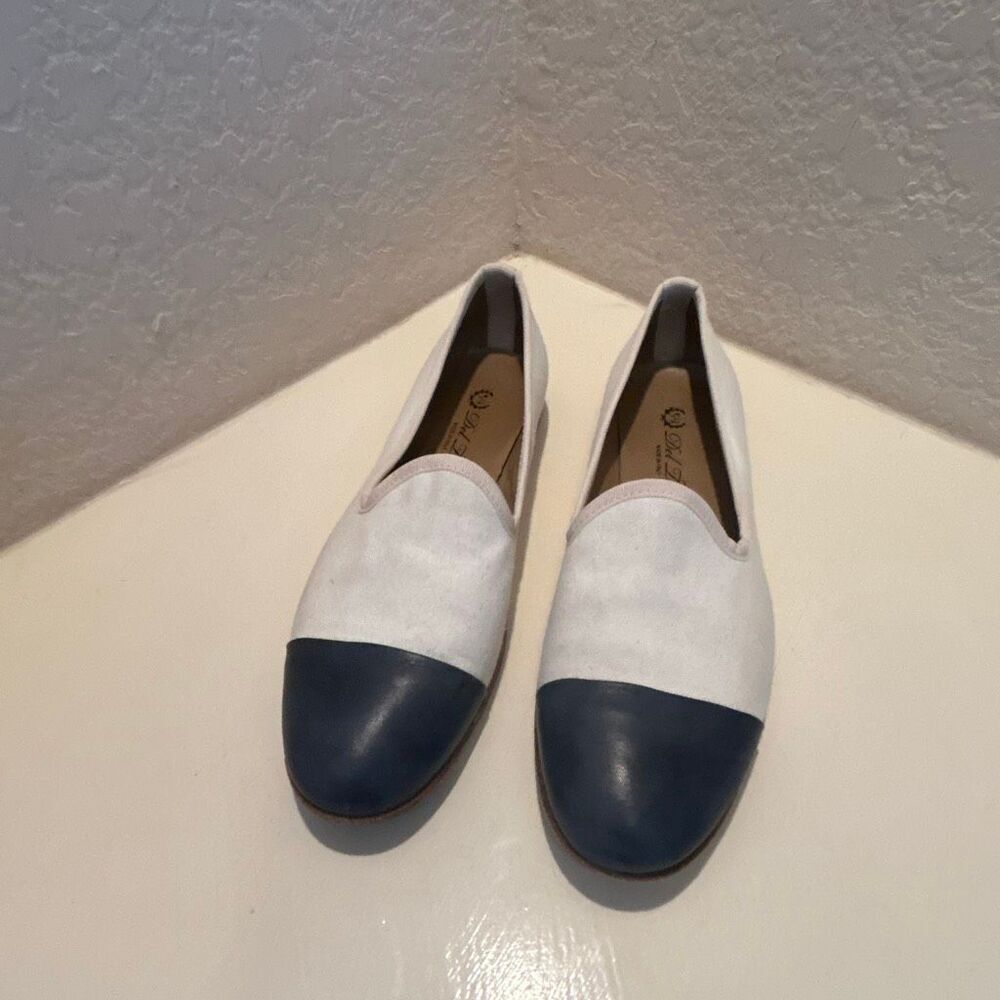 Del Toro Sz 10 Italian Leather Flats Off White Blue Red Preppy Coastal Old Money